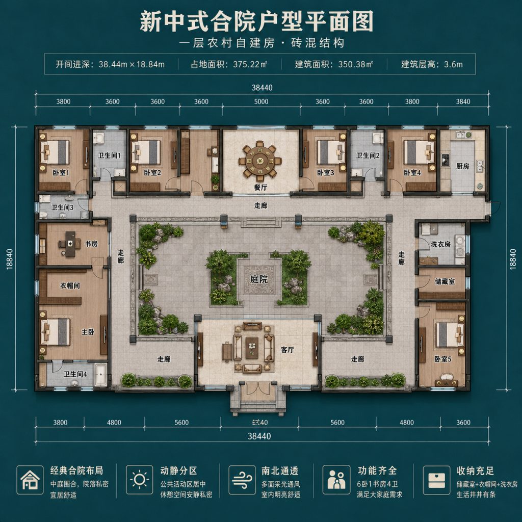 图片[2]-38.44米开间一层新中式农村别墅，6卧4卫合院