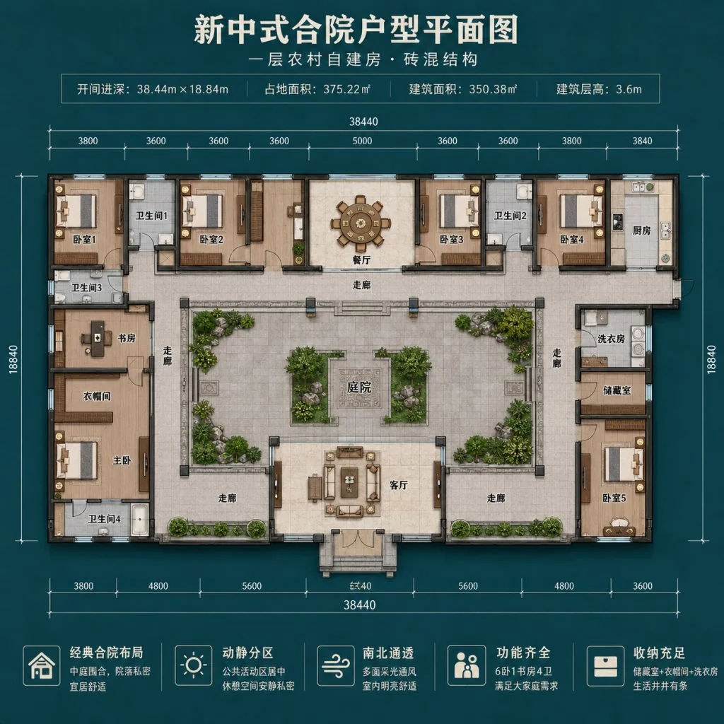图片[2]-38.44米开间一层新中式农村别墅，6卧4卫合院
