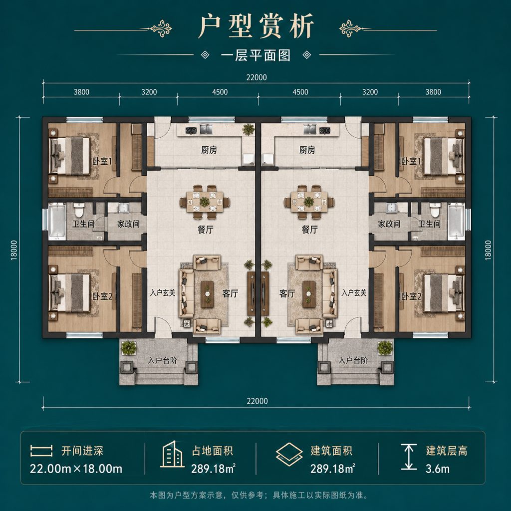 图片[2]-22×18米一层双拼农村别墅设计，289.18㎡四卧双户型