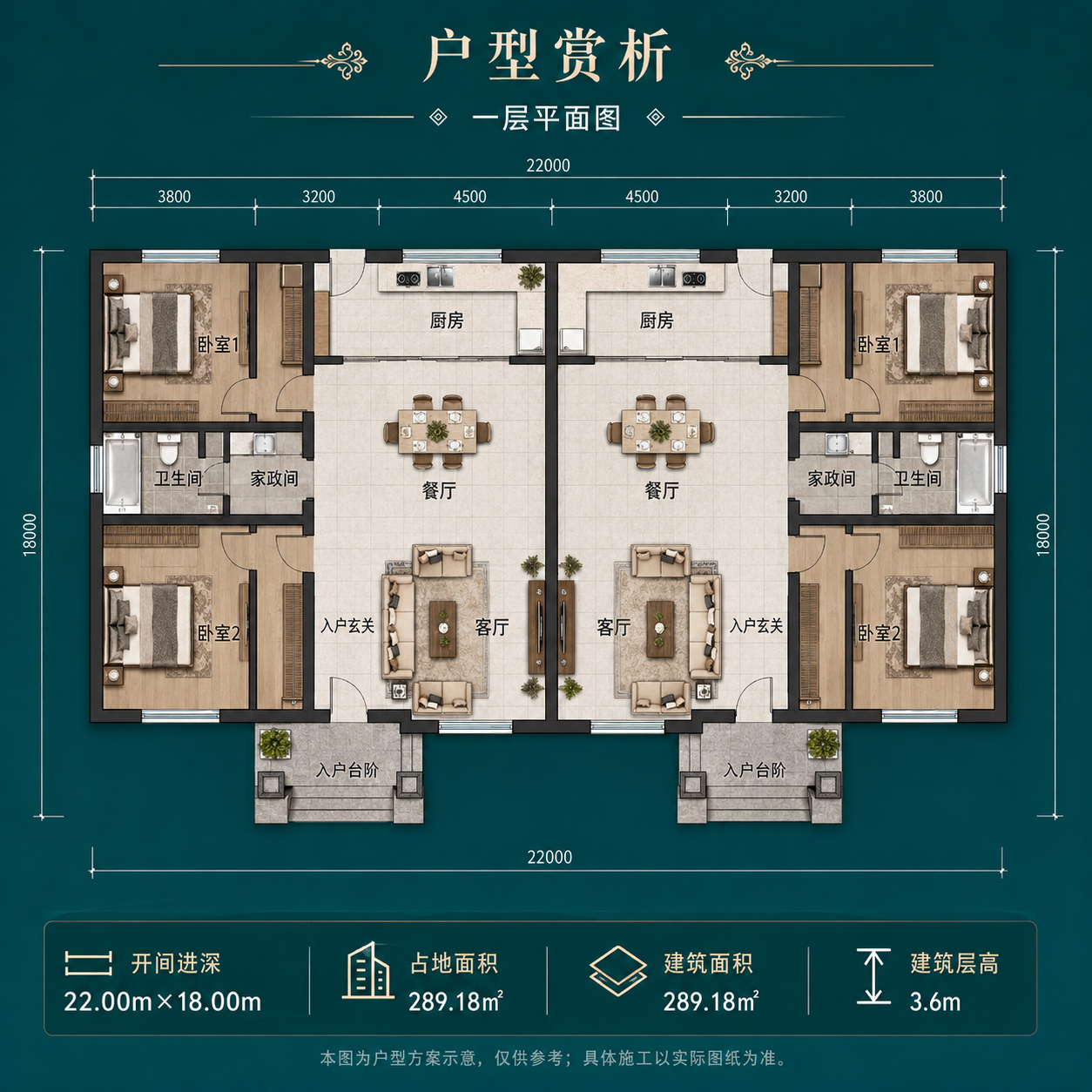 图片[4]-22×18米一层双户对称农村别墅，双门独立入户实用又大气-好宅图纸网