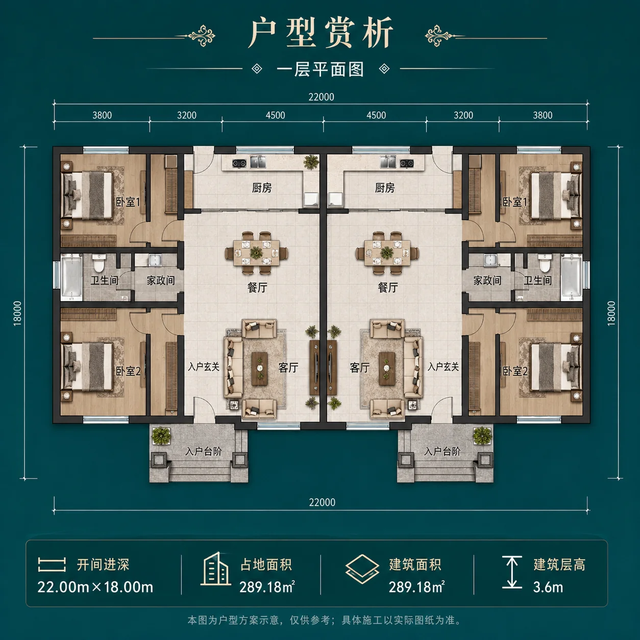 图片[4]-22×18米一层双户对称农村别墅，双门独立入户实用又大气-好宅图纸网