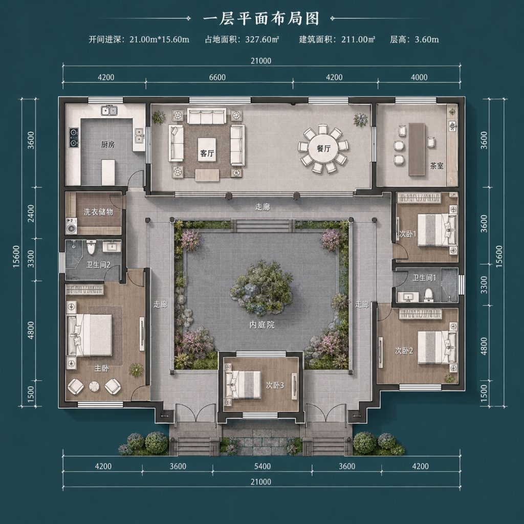 图片[3]-一层农村别墅,新中式农村别墅,农村自建房,四卧别墅,三代同堂户型,合院别墅户型图,农村建房图纸,21米大开间别墅