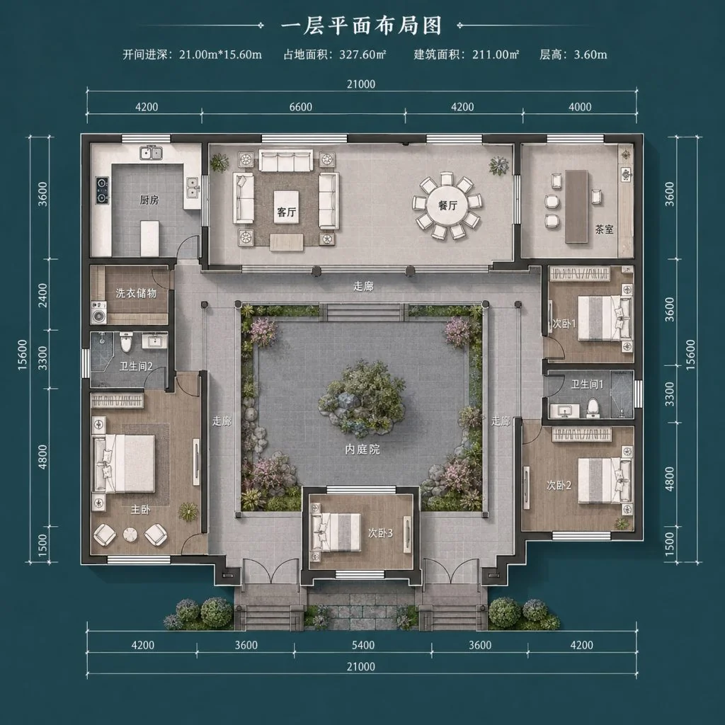 图片[3]-一层农村别墅,新中式农村别墅,农村自建房,四卧别墅,三代同堂户型,合院别墅户型图,农村建房图纸,21米大开间别墅