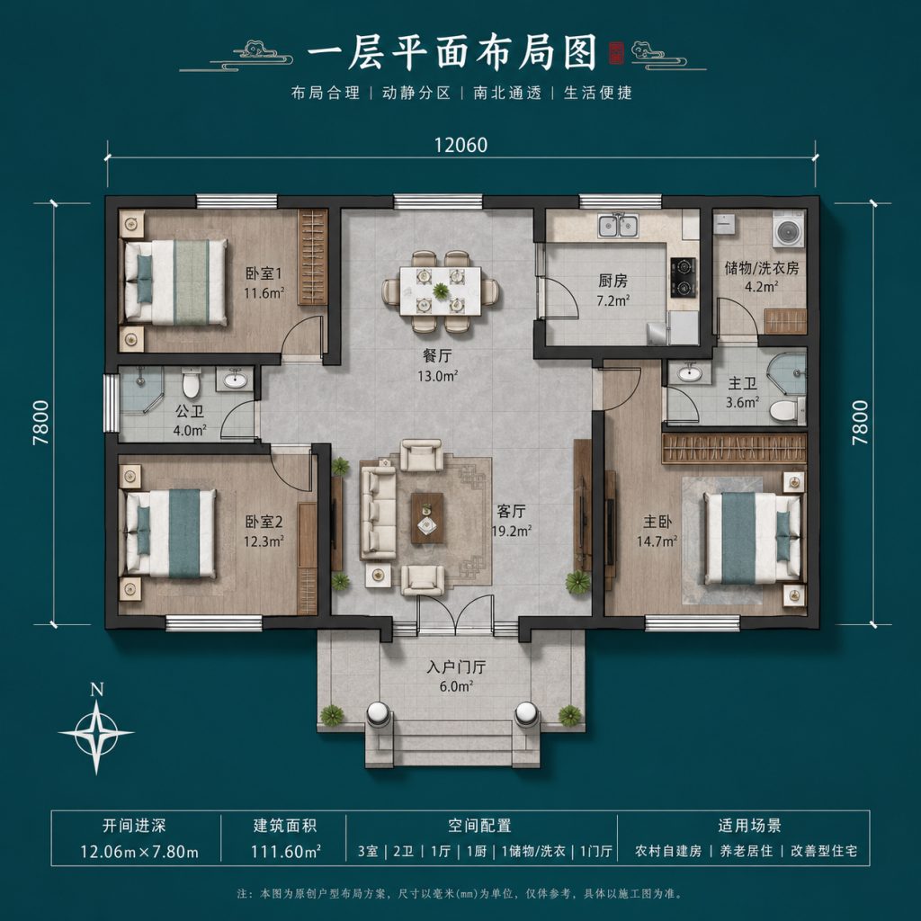 图片[2]-12.06米开间111.6㎡新中式一层农村别墅设计