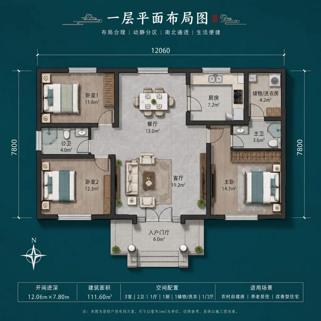 图片[2]-12.06米开间111.6㎡新中式一层农村别墅设计