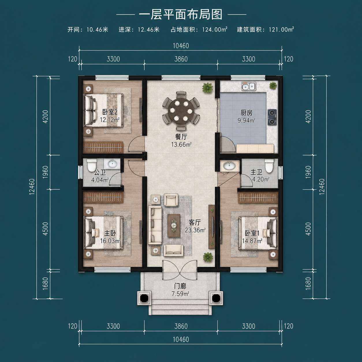 图片[3]-一层欧式农村自建别墅设计图｜10.46米开间三卧实用户型-好宅图纸网