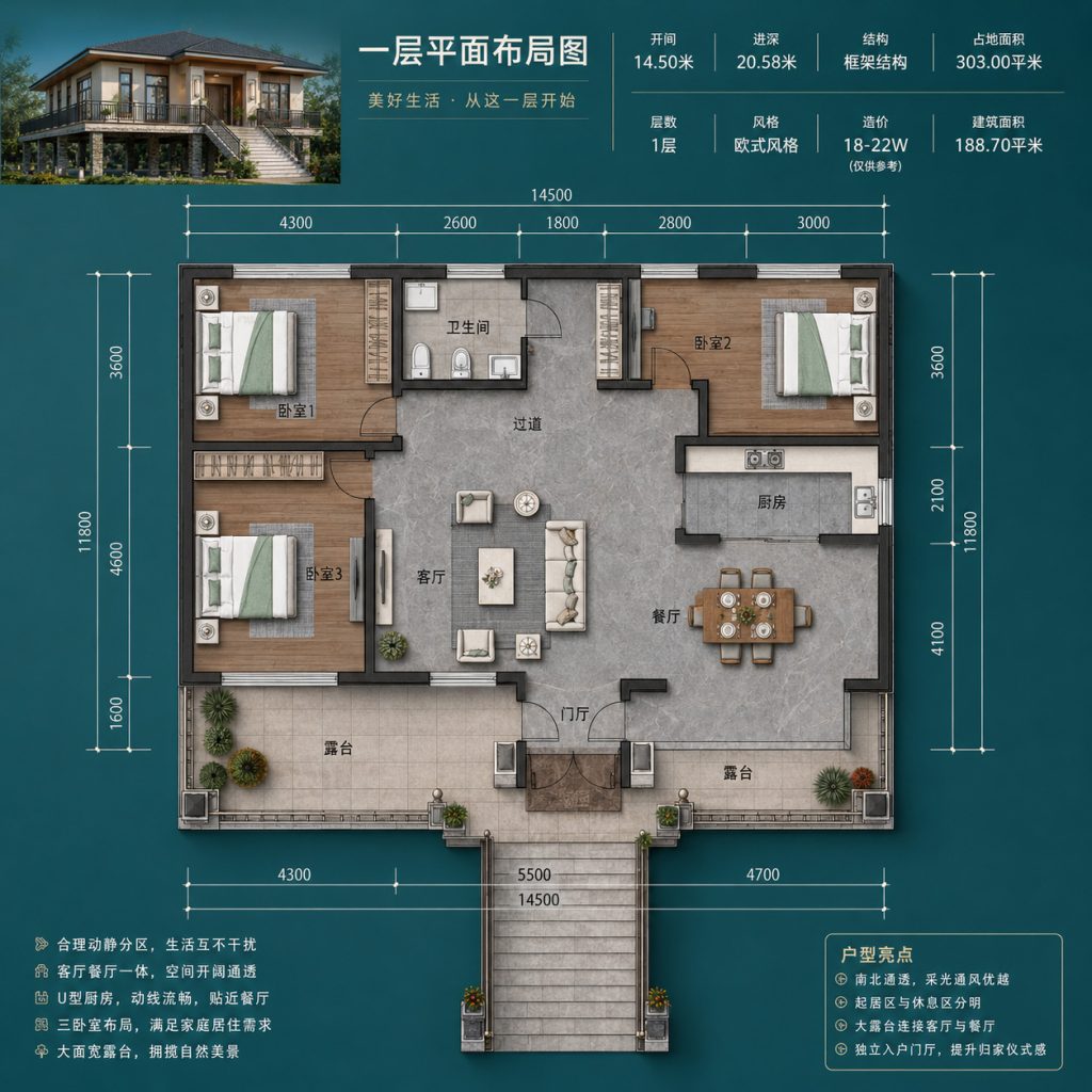 图片[4]-14.5×20.58米一层架空式农村别墅，三卧大露台实用户型-好宅图纸网