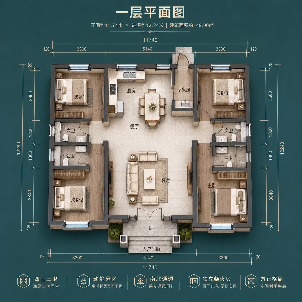 图片[4]-11.74×12.24米一层欧式农村别墅，四室三卫带独立柴火房设计-好宅图纸网