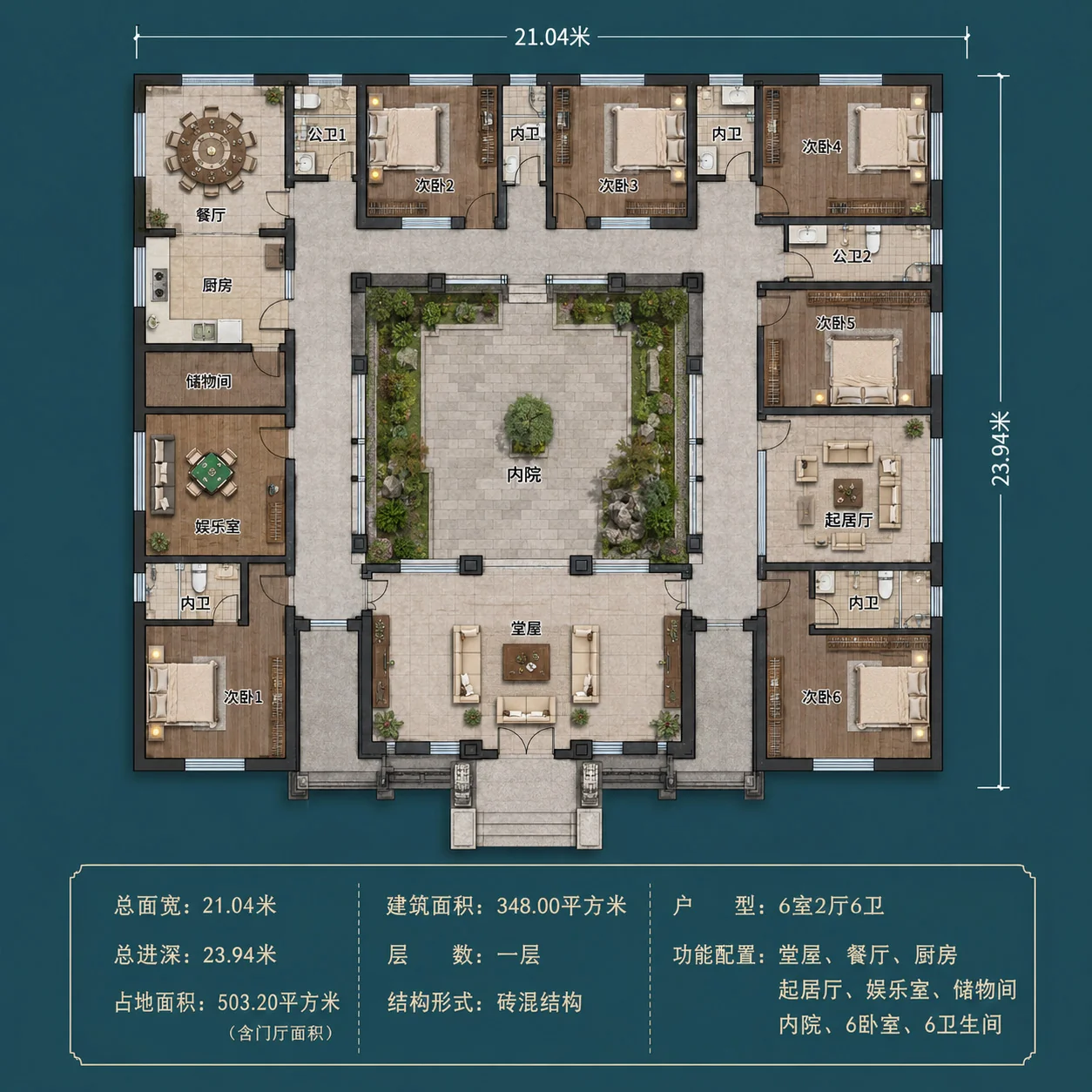 图片[4]-27×27米新中式一层合院别墅，7室4厅9卫大庭院设计-好宅图纸网
