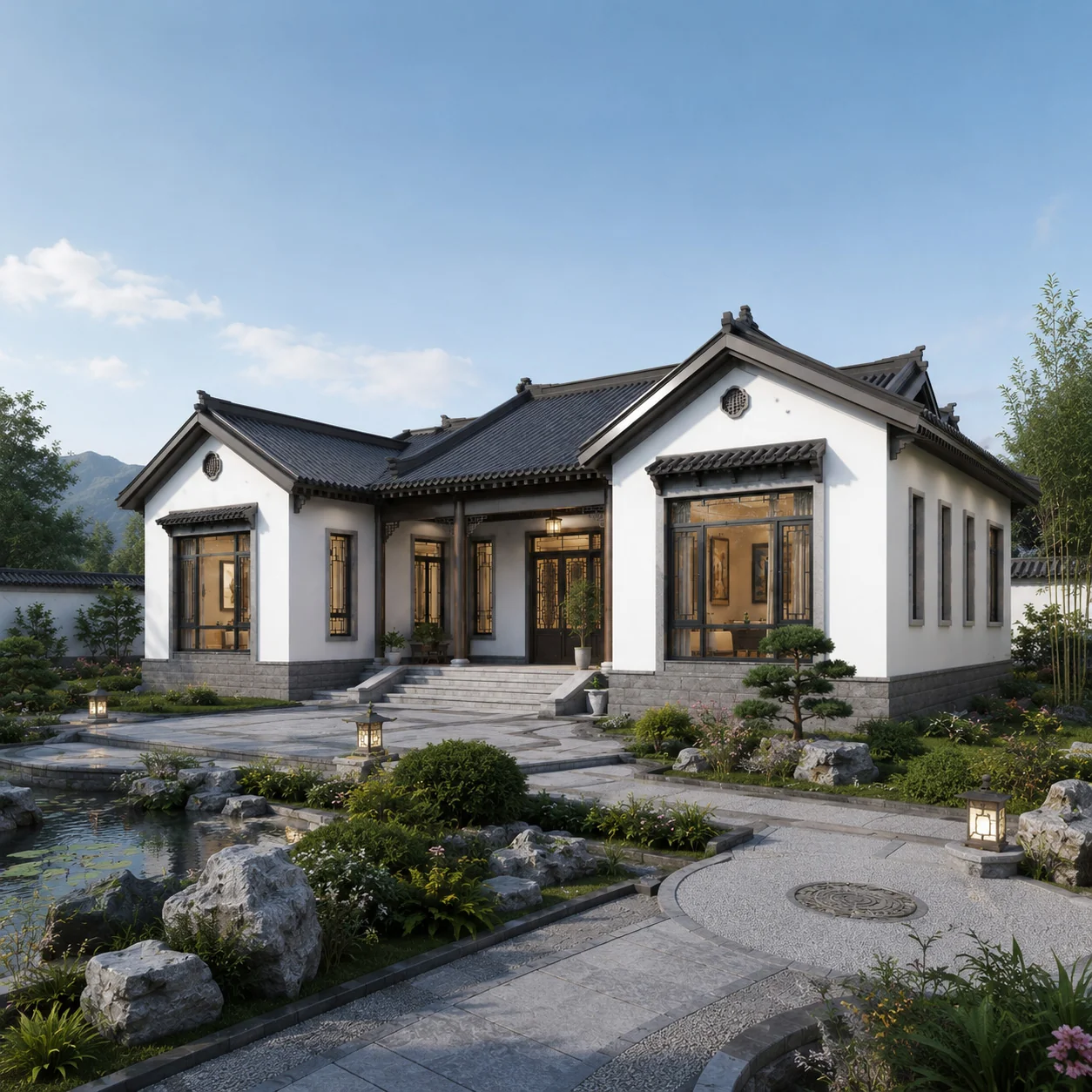 图片[2]-新中式一层院落别墅设计图｜19.96×11.76米五室六卫农村自建房-好宅图纸网