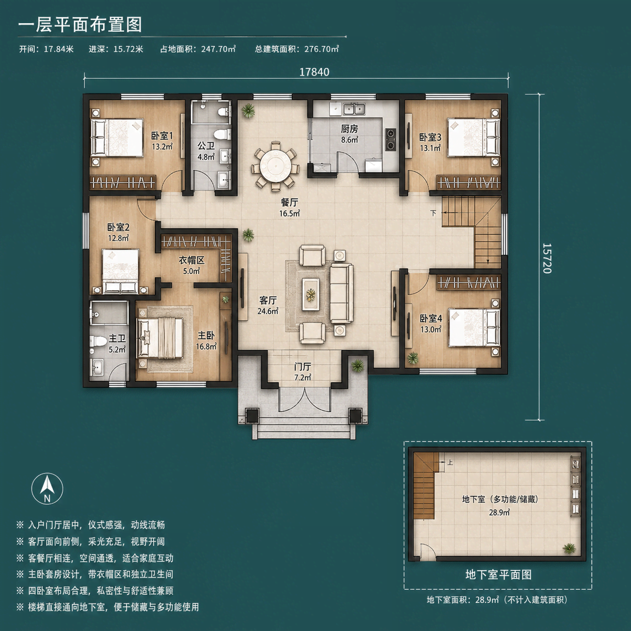 图片[4]-一层美式农村自建别墅，开间17.84米，四室两厅双卫带地下室设计-好宅图纸网