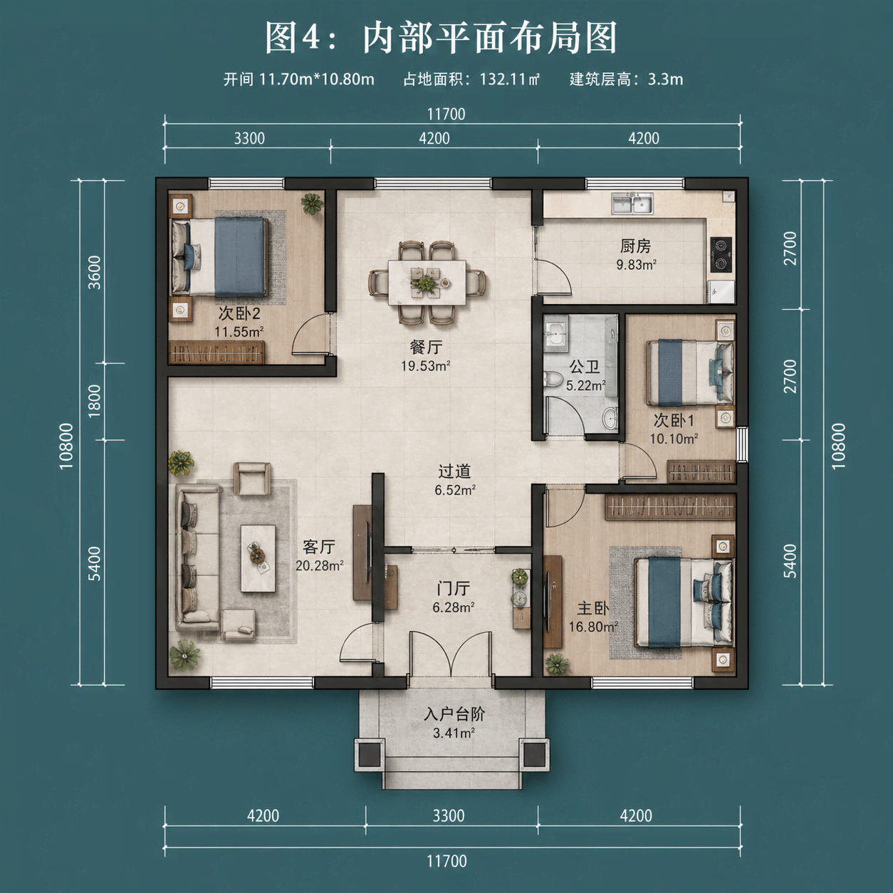 图片[4]-一层现代中式农村自建别墅图纸｜开间11.7米｜三室两厅一厨一卫｜占地约132㎡-好宅图纸网
