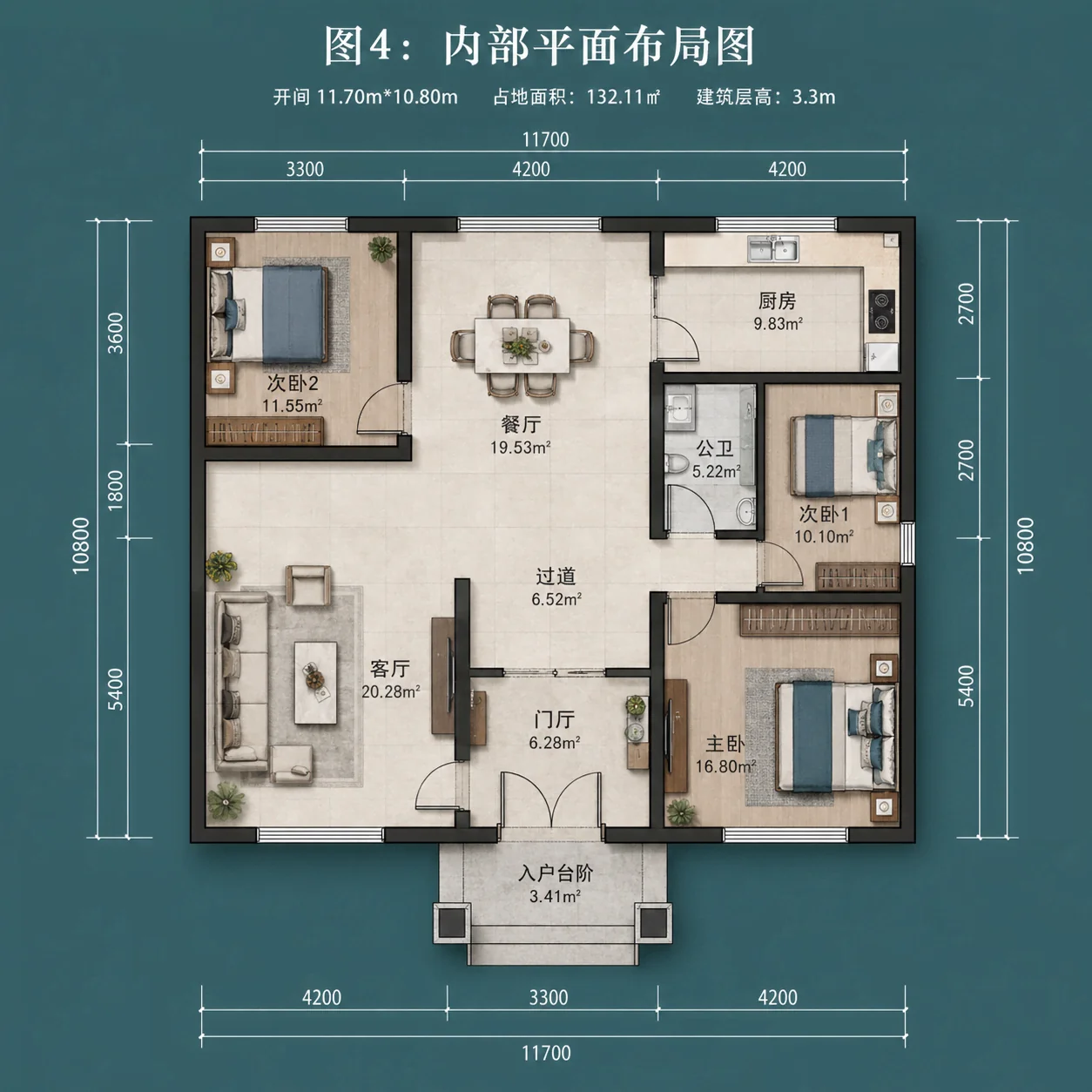 图片[4]-一层现代中式农村自建别墅图纸｜开间11.7米｜三室两厅一厨一卫｜占地约132㎡-好宅图纸网