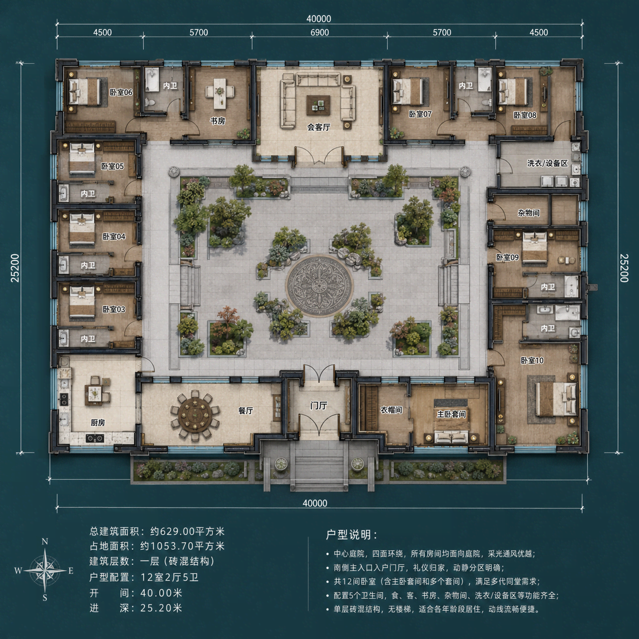 图片[4]-一层新中式合院别墅图纸｜40米大开间×25.2米进深｜12室2厅5卫多代同堂农村自建房-好宅图纸网