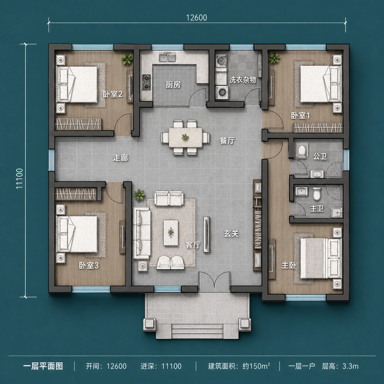 图片[4]-一层新中式农村别墅，开间12.6米，四室两卫，150㎡实用户型设计-好宅图纸网