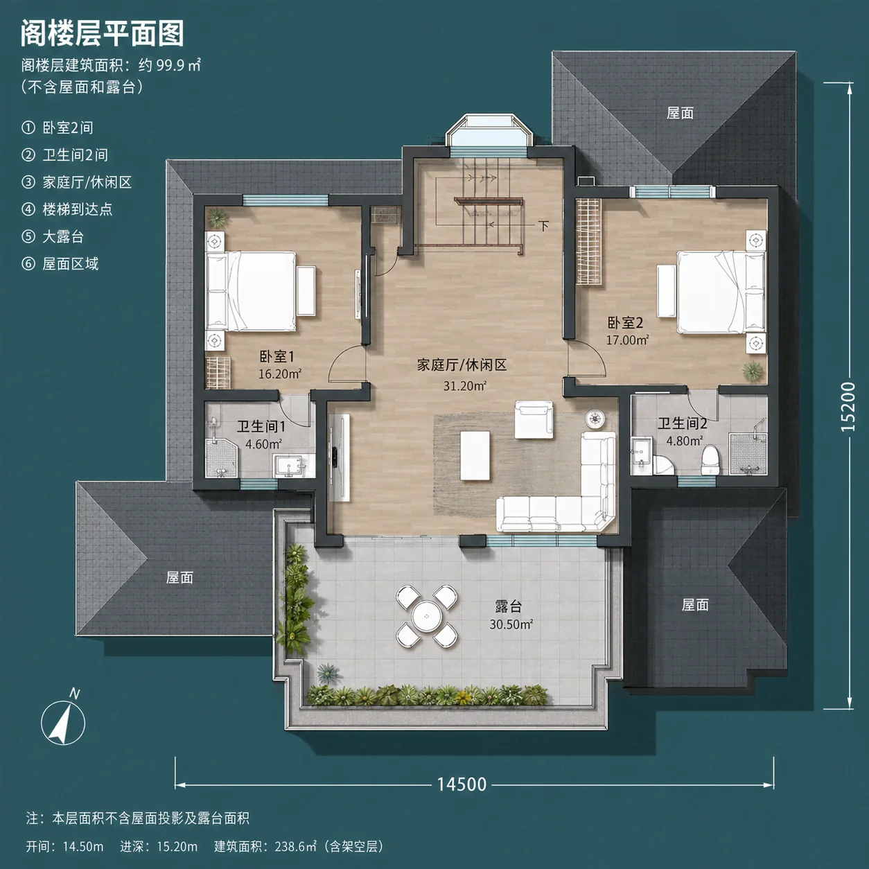图片[5]-14.5米开间现代简约三层农村自建别墅，架空层双车库＋阁楼露台，6室5卫多代同堂户型-好宅图纸网