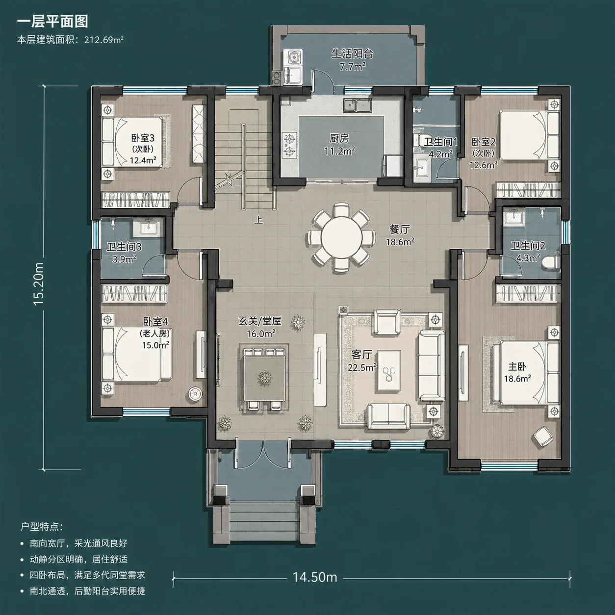 图片[4]-14.5米开间现代简约三层农村自建别墅，架空层双车库＋阁楼露台，6室5卫多代同堂户型-好宅图纸网