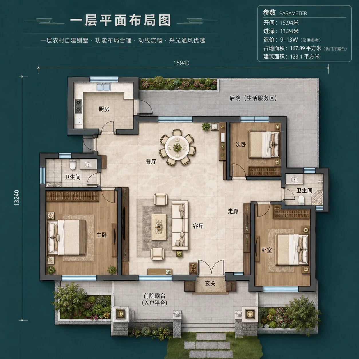 图片[4]-一层新中式农村自建别墅｜开间15.94米｜三室两厅两卫｜带前庭露台与后院-好宅图纸网