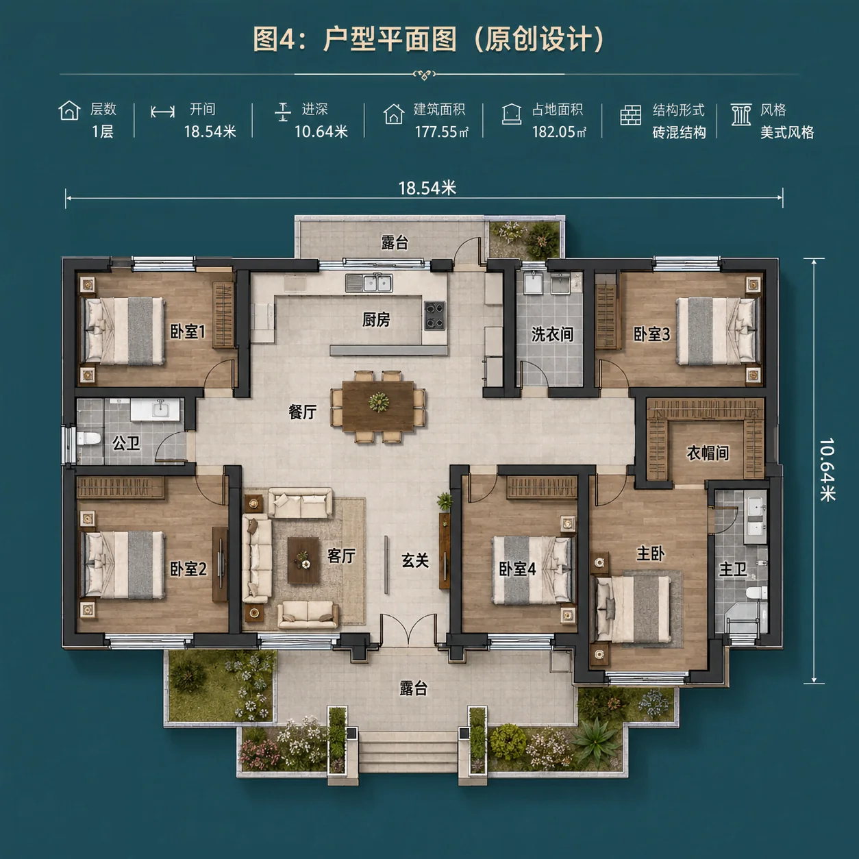 图片[4]-一层现代美式农村别墅，开间18.54米，四室两厅双卫带衣帽间与洗衣房设计-好宅图纸网