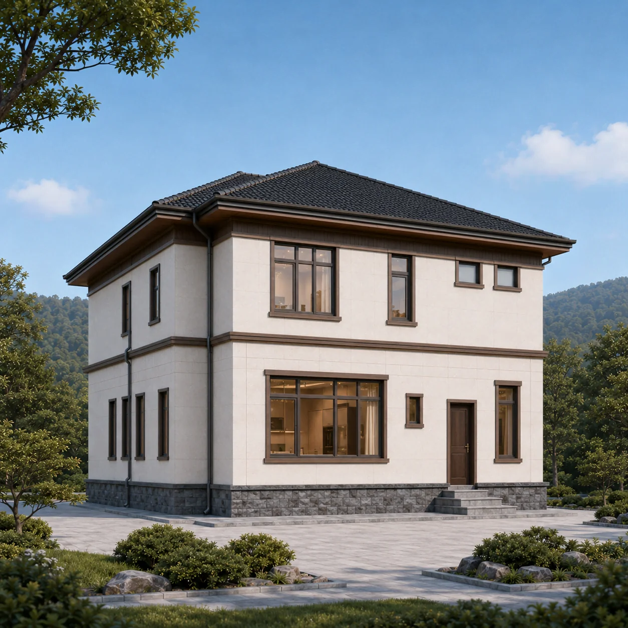 图片[3]-二层新中式农村自建别墅，开间12.20米，多卧室带堂屋、茶室和观景阳台-好宅图纸网