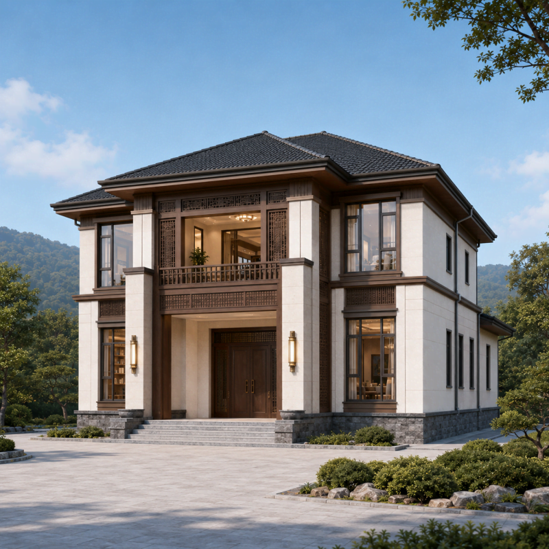 二层新中式农村自建别墅，开间12.20米，多卧室带堂屋、茶室和观景阳台-好宅图纸网