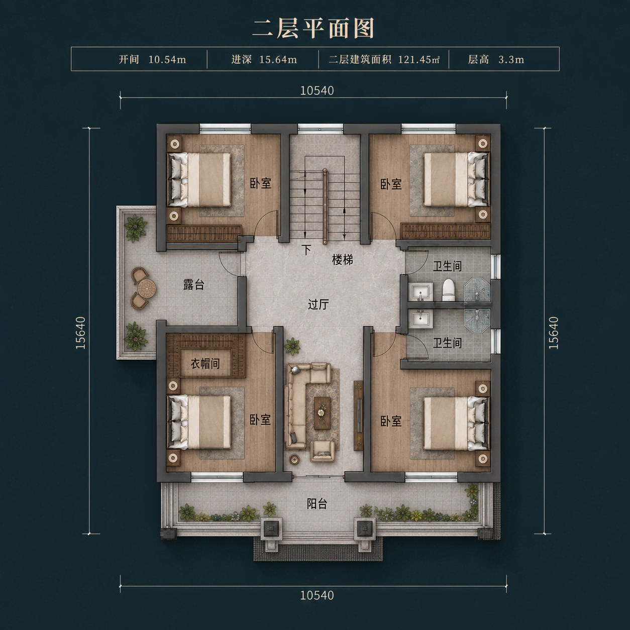 图片[5]-两层现代中式农村自建别墅，开间10.54米，6室布局带前阳台和侧露台-好宅图纸网