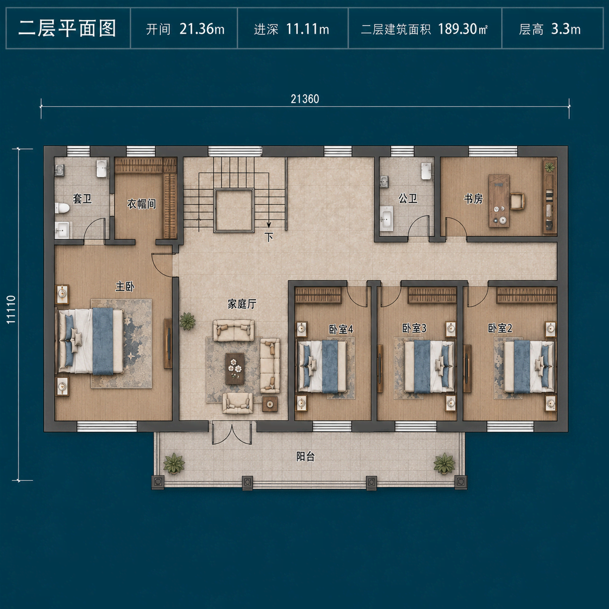 图片[5]-两层现代新中式农村自建别墅，开间21.36米，6室带茶室、书房和大阳台-好宅图纸网