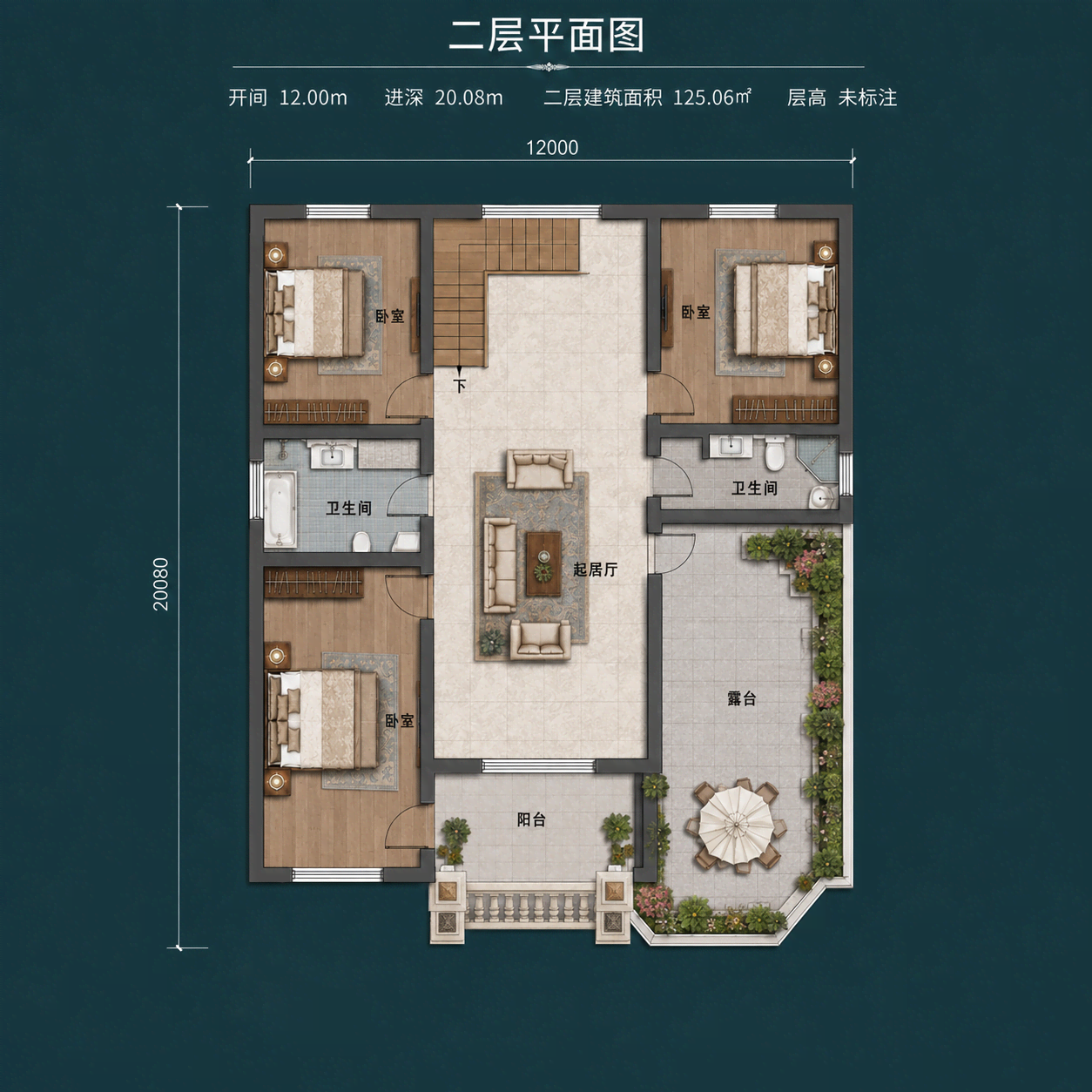 图片[5]-两层欧式农村自建别墅，开间12米，5室布局带娱乐房、起居厅和大露台-好宅图纸网