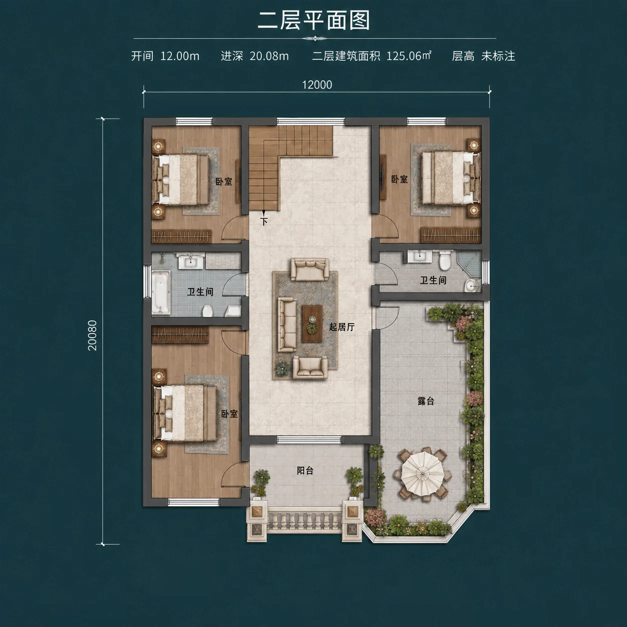 图片[5]-两层欧式农村自建别墅，开间12米，5室布局带娱乐房、起居厅和大露台-好宅图纸网