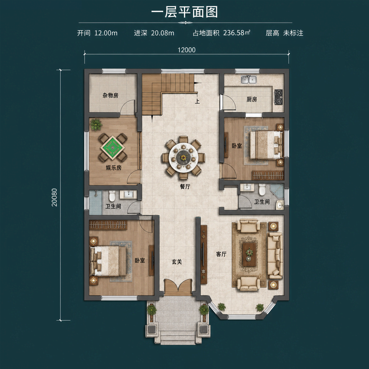图片[4]-两层欧式农村自建别墅，开间12米，5室布局带娱乐房、起居厅和大露台-好宅图纸网
