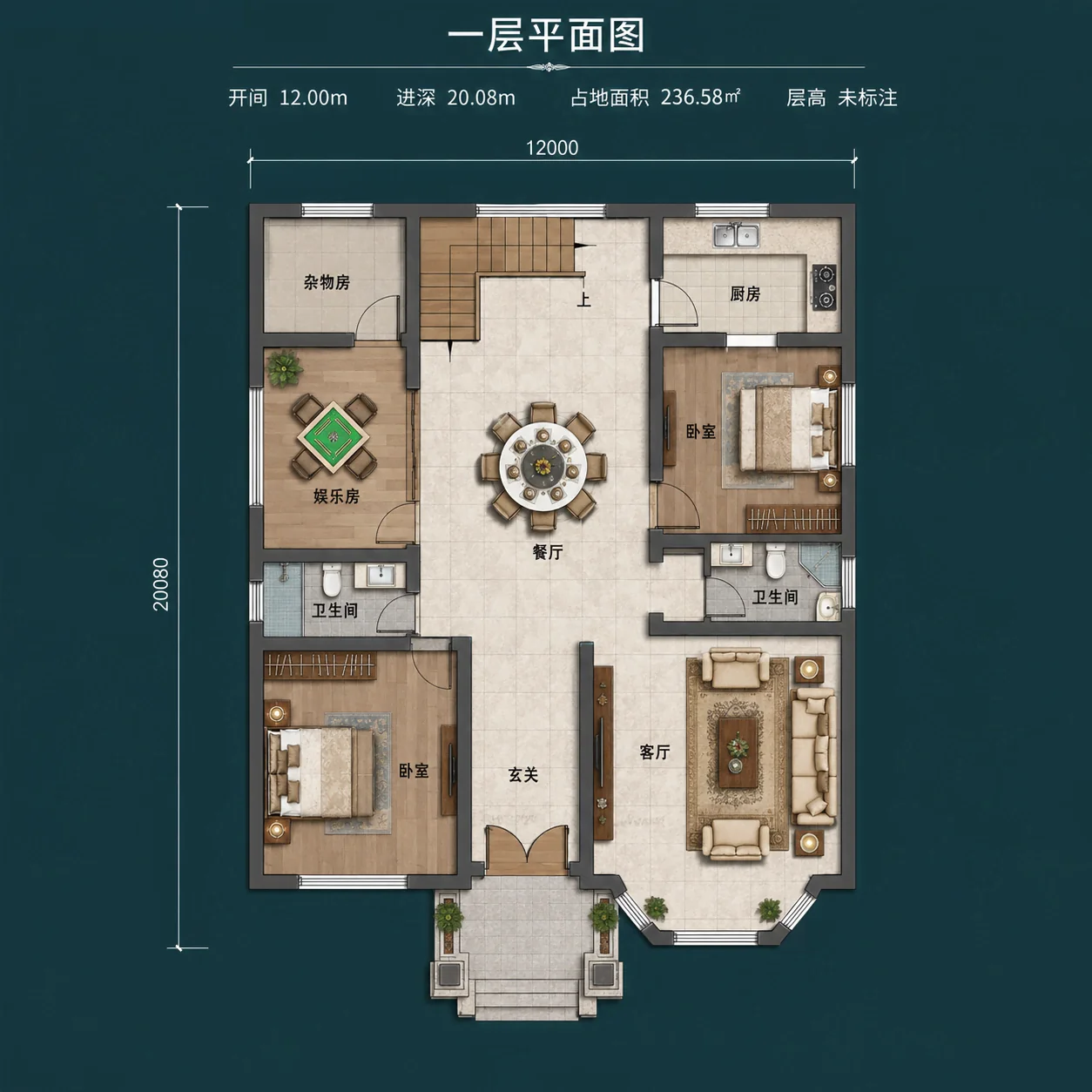 图片[4]-两层欧式农村自建别墅，开间12米，5室布局带娱乐房、起居厅和大露台-好宅图纸网