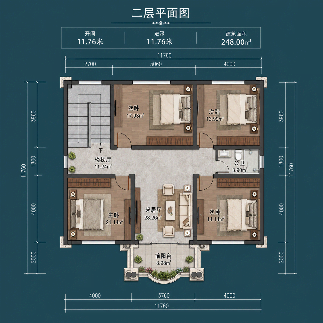 图片[5]-两层欧式农村自建别墅，开间11.76米，6室布局带茶室、起居厅和前阳台-好宅图纸网