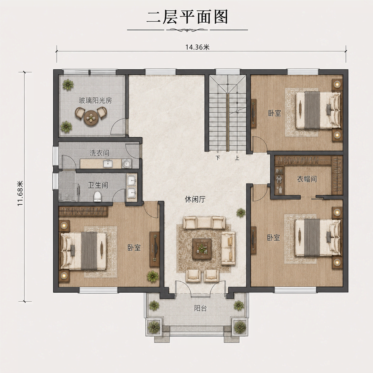 图片[5]-两层欧式农村自建别墅，开间14.36米，4室带茶室、娱乐室和玻璃阳光房-好宅图纸网