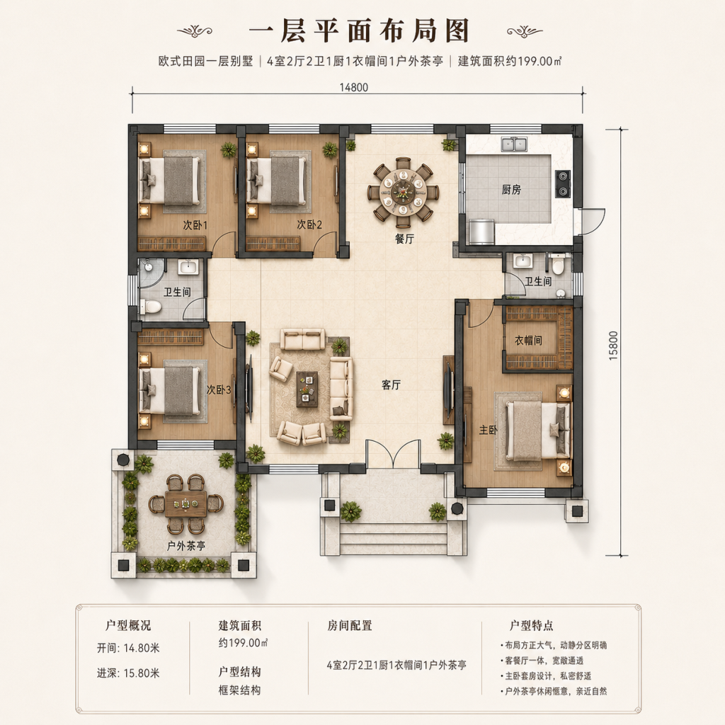 图片[2]-17×12.5米一层农村别墅设计，189.8㎡三卧加书房
