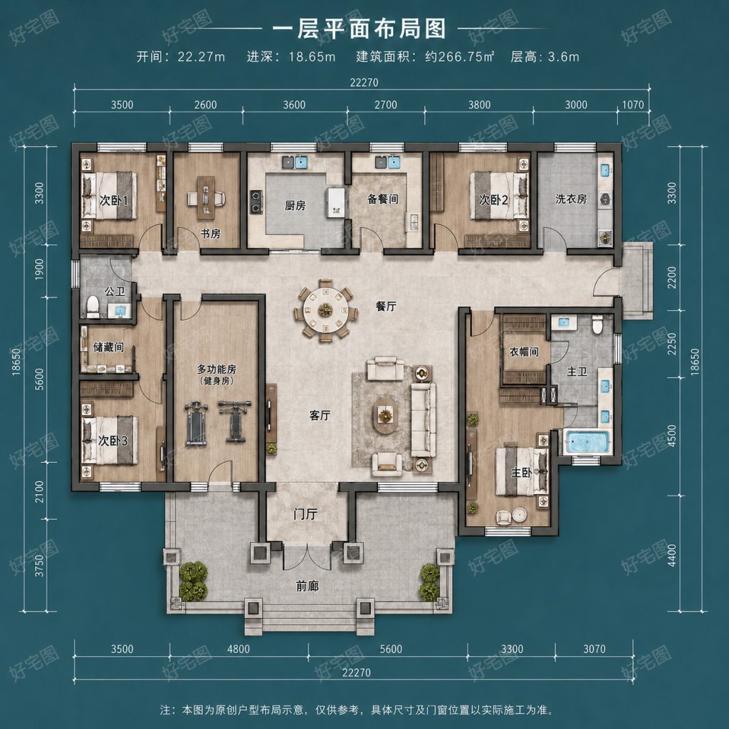 图片[2]-17×12.5米一层农村别墅设计图｜189.8㎡四房两卫