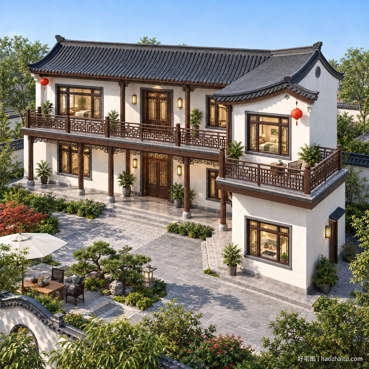 14.9米开间二层中式L形住宅，五卧四卫配回廊与南露台-好宅图纸网