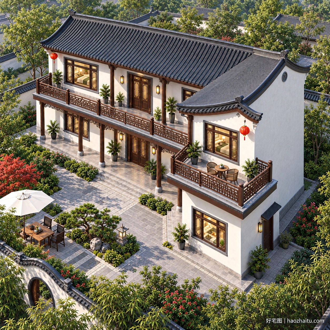 14.9米开间二层中式L形住宅,五卧四卫配回廊与南露台