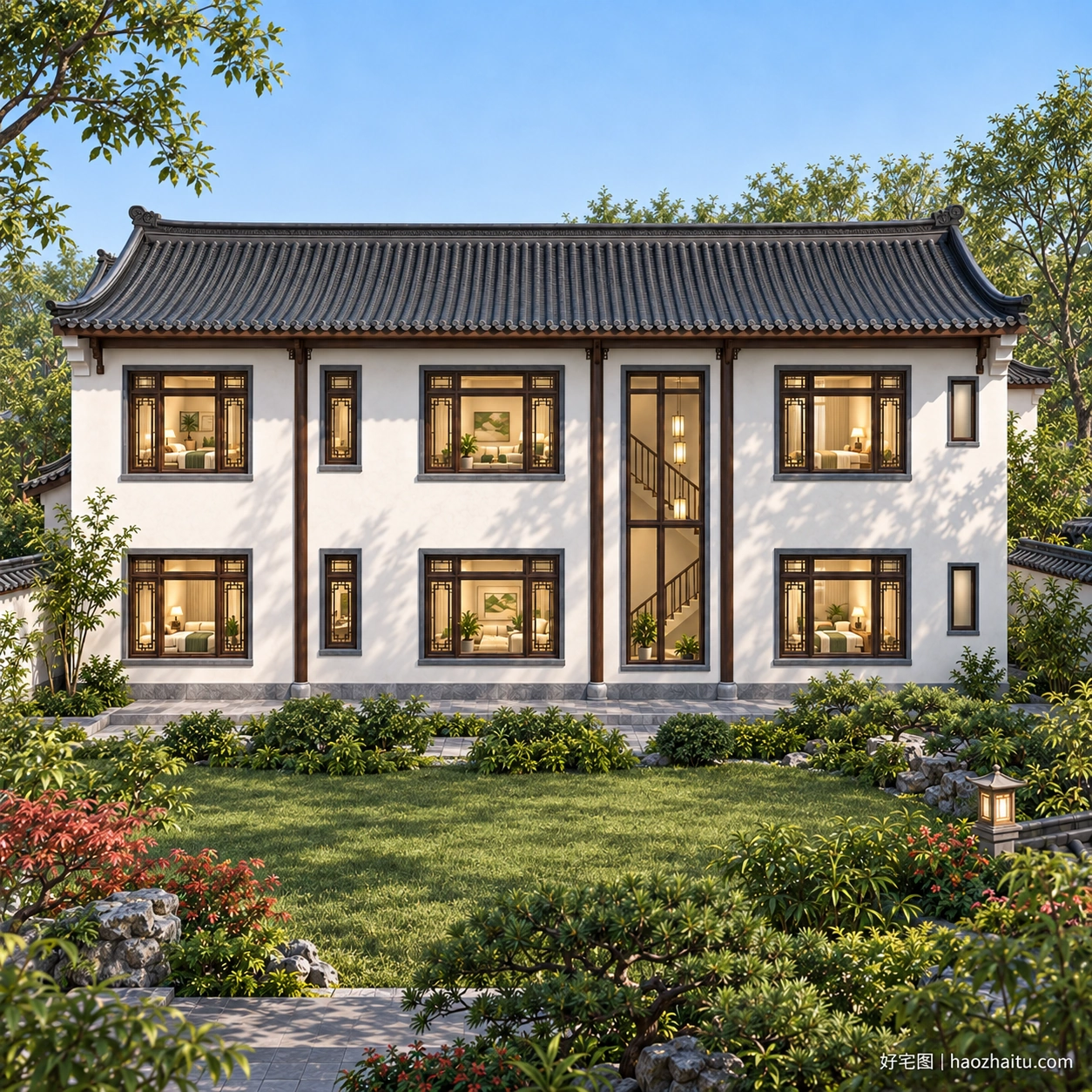 14.9米开间二层中式L形住宅,五卧四卫配回廊与南露台