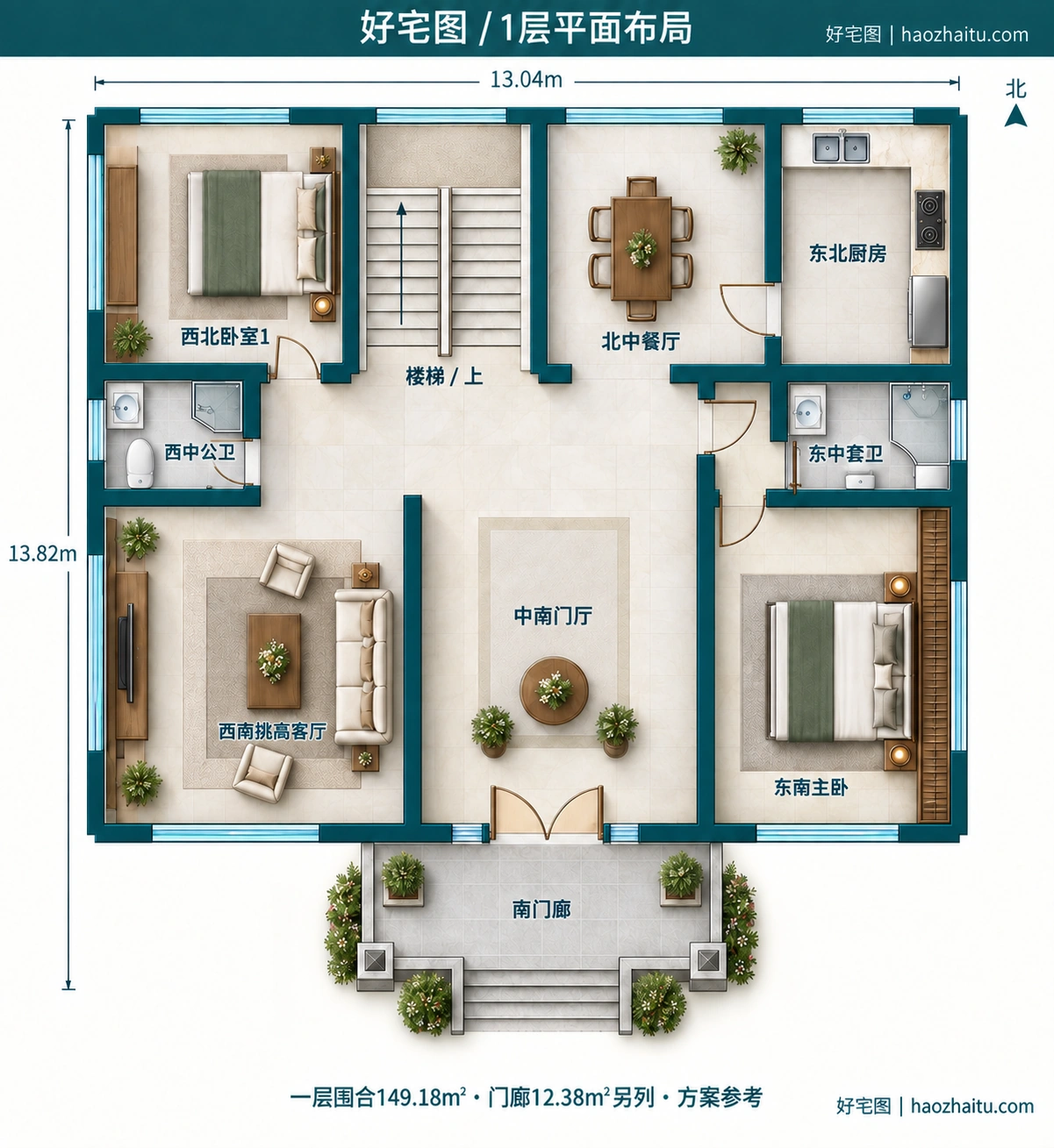 13.04米开间二层简欧自建房,5卧4卫独立方案 / 1层平面布局