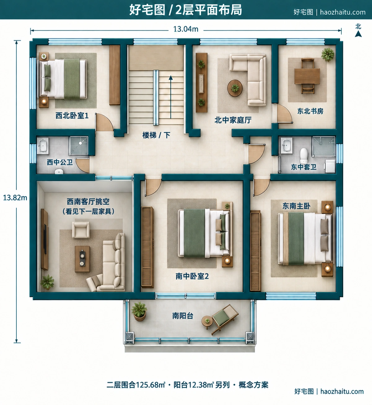 13.04米开间二层简欧自建房,5卧4卫独立方案 / 2层平面布局