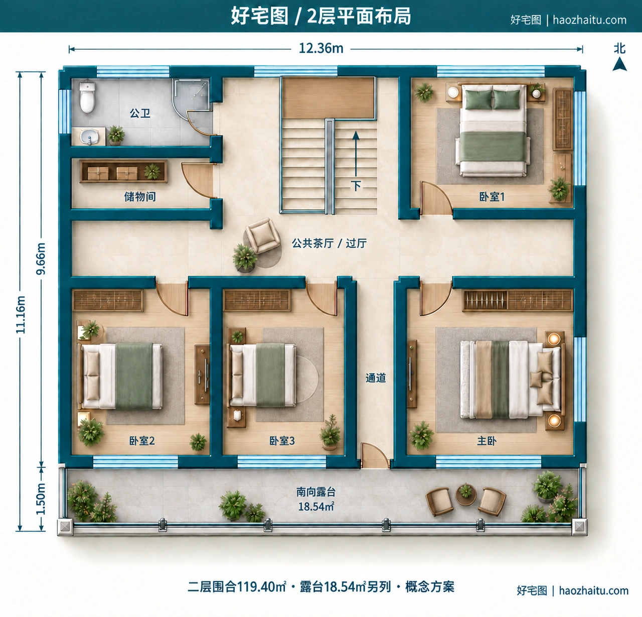 12.36米开间二层中式自建房,5卧2卫独立方案 / 2层平面布局
