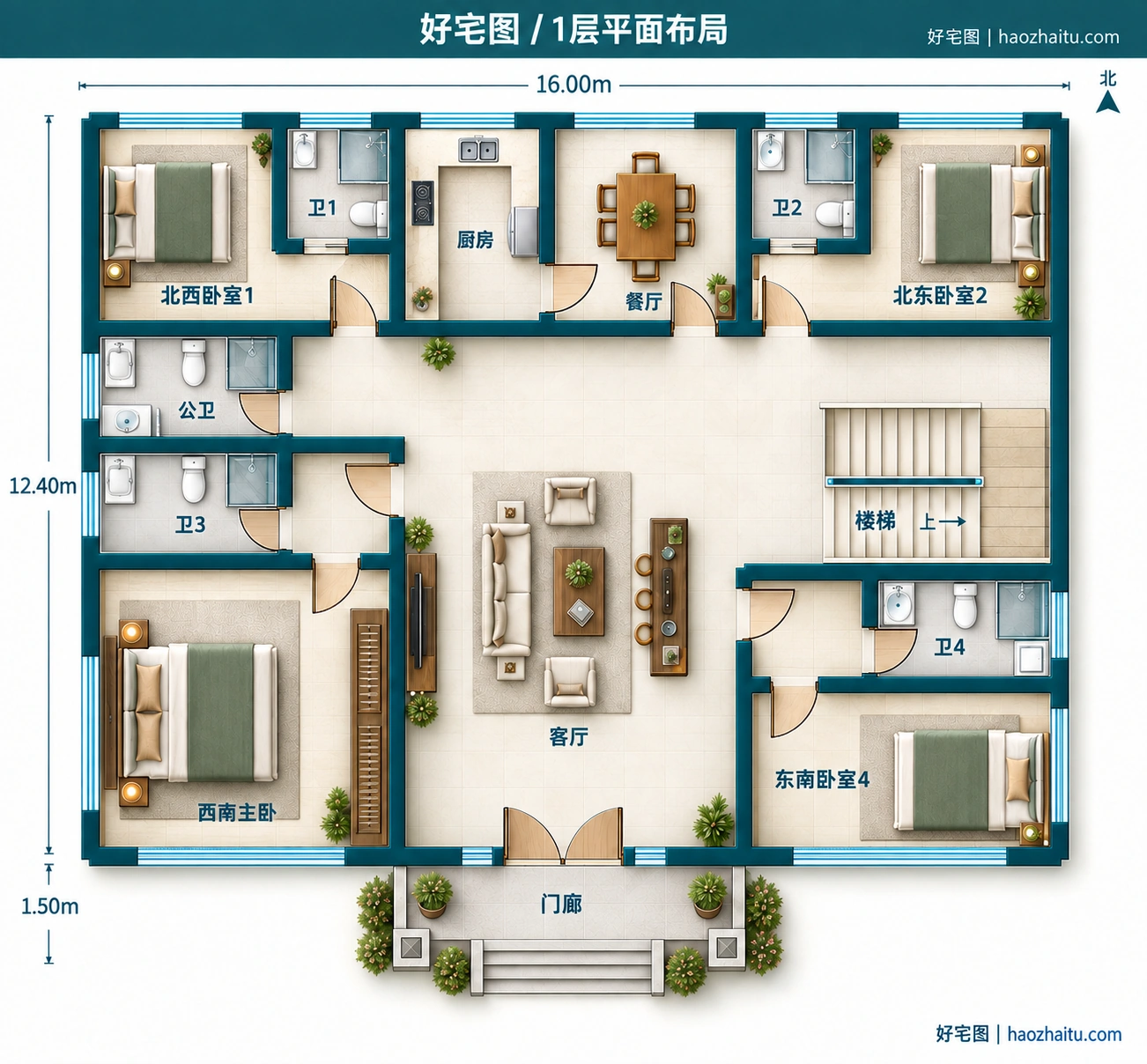 16.00米开间二层欧式自建房,8卧10卫独立方案 / 1层平面布局