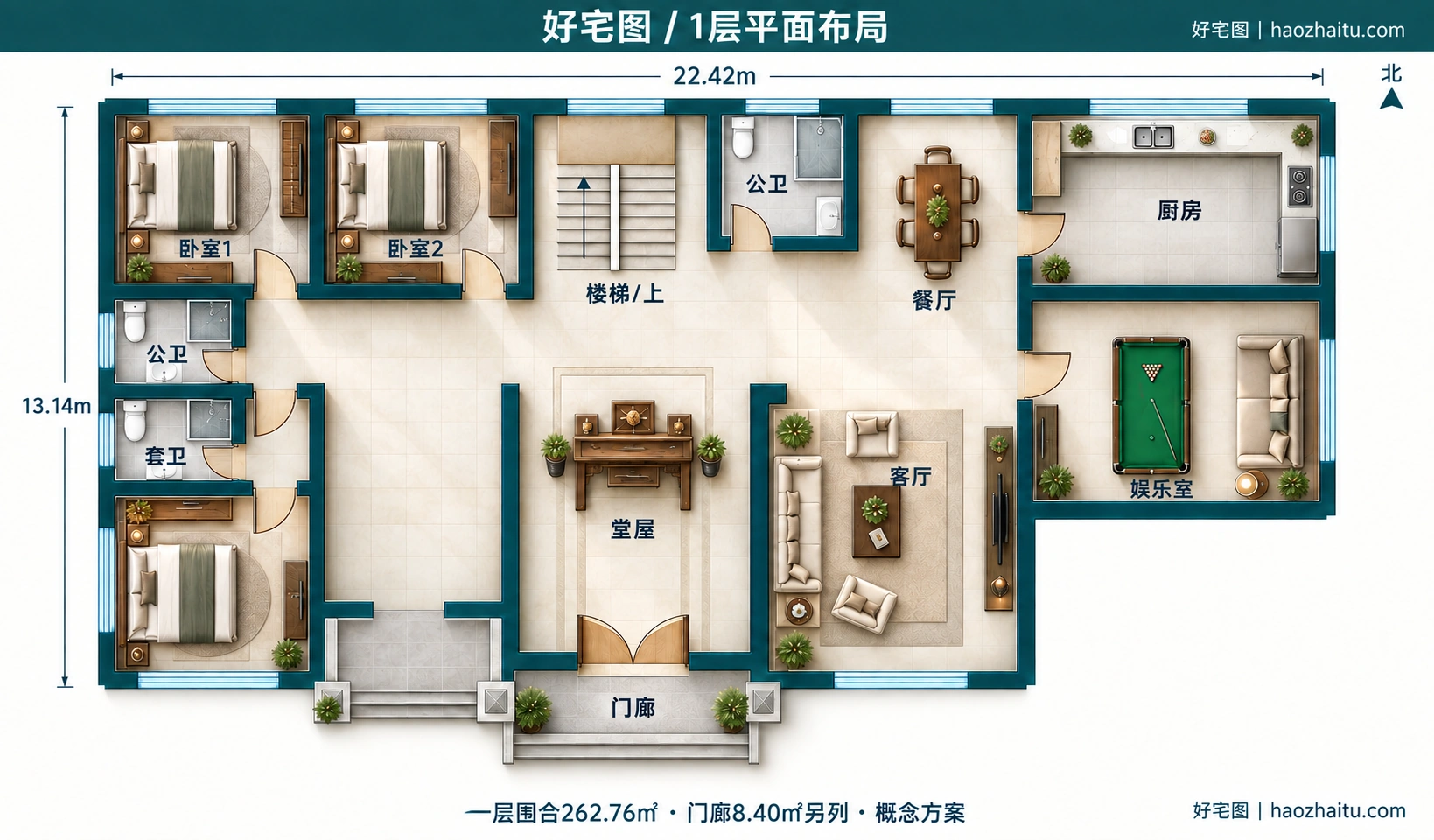 17.02米开间二层新中式自建房,8卧6卫独立方案 / 1层平面布局