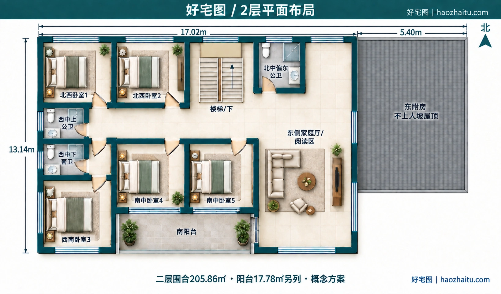 17.02米开间二层新中式自建房,8卧6卫独立方案 / 2层平面布局