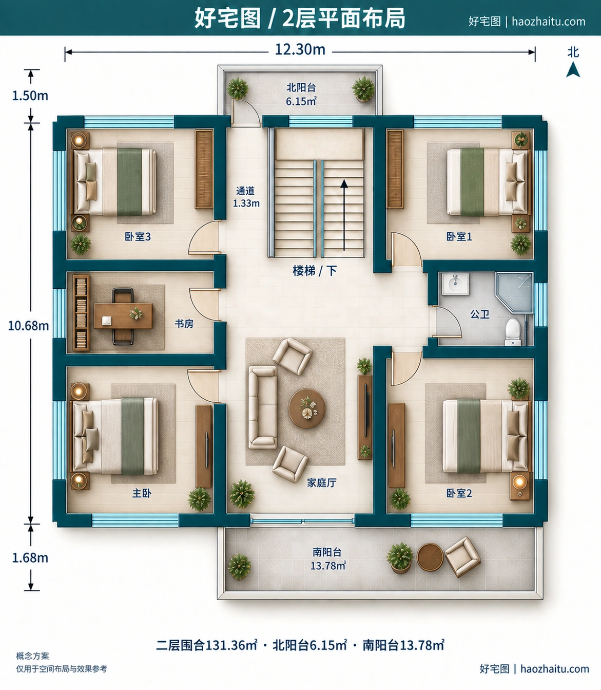 12.30米开间二层欧式自建房,6卧2卫独立方案 / 2层平面布局