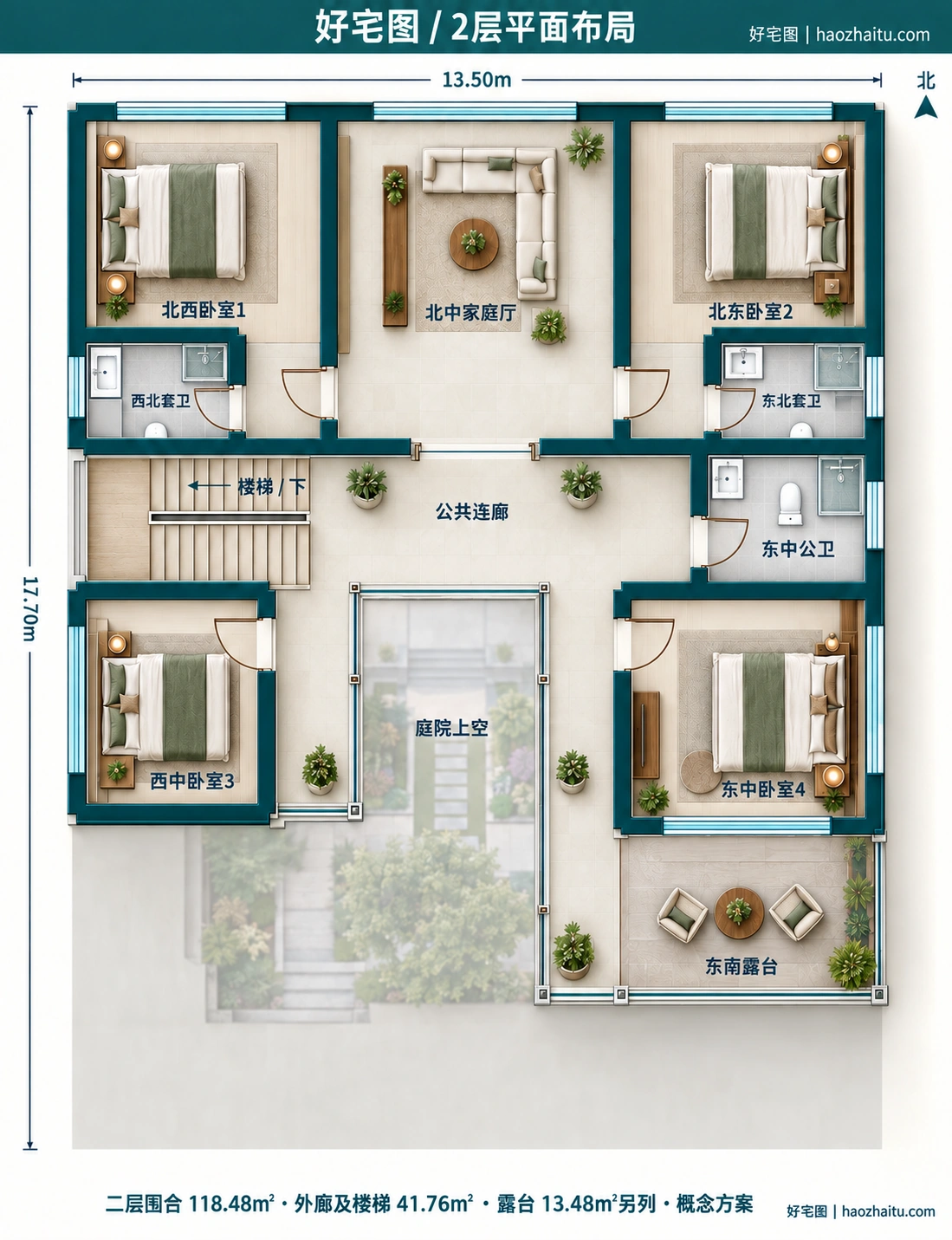 13.50米开间二层中式自建房,6卧6卫独立方案 / 2层平面布局