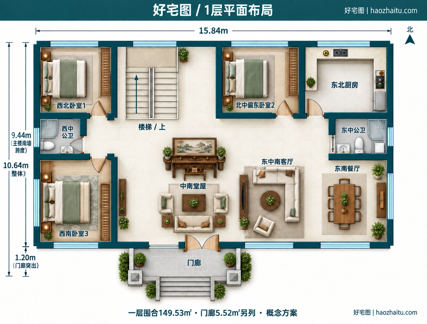 15.84米开间二层新中式自建房,8卧4卫独立方案 / 1层平面布局