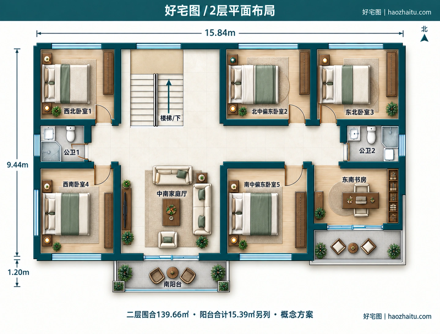 15.84米开间二层新中式自建房,8卧4卫独立方案 / 2层平面布局