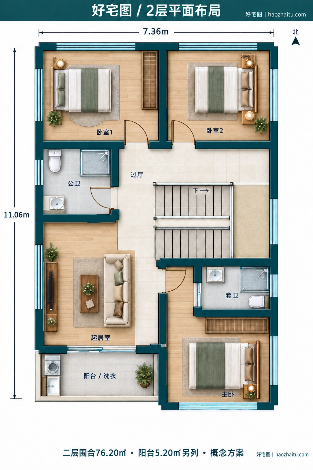7.36米开间二层欧式自建房,3卧4卫独立方案 / 2层平面布局