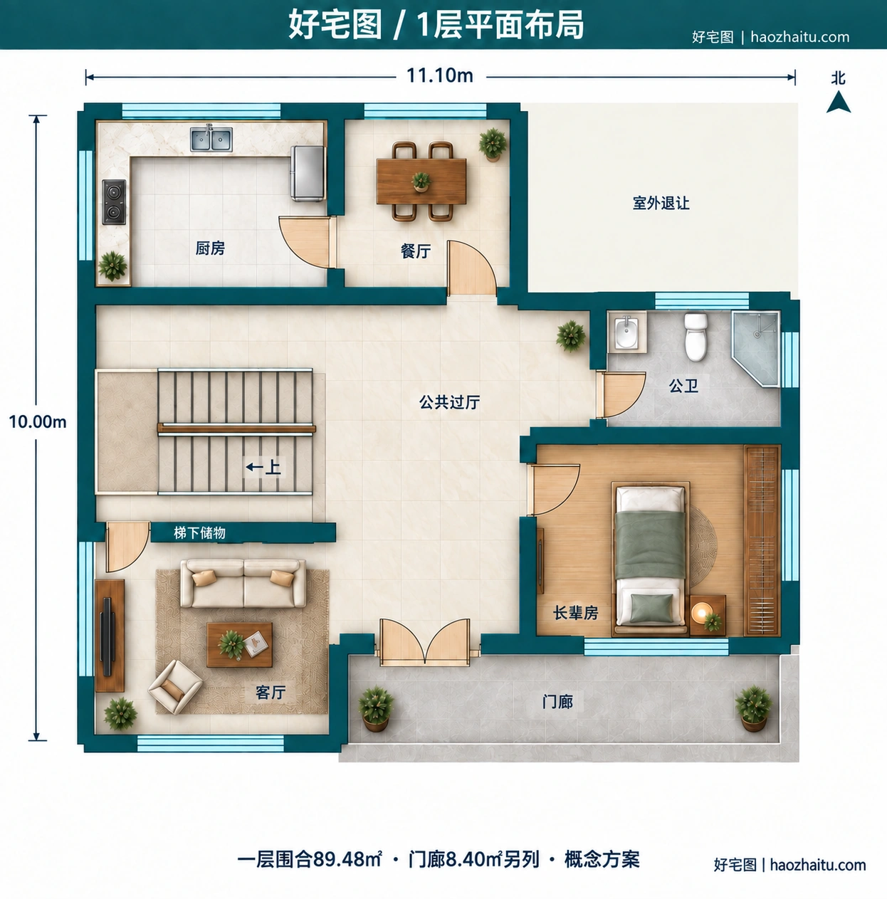 11.10米开间二层欧式自建房,5卧2卫独立方案 / 1层平面布局